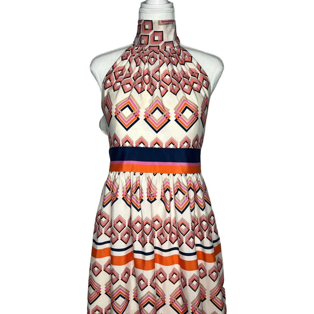Eliza J Women Size 8 Cream Ivory High Neck Tie Halter geometric Long Maxi dress - Picture 7 of 15